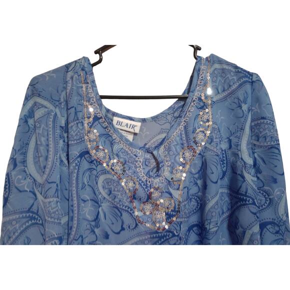 Blair 3/4 Bell Sleeve Blouse Paisly Print With Sequences Size 2XL Blue 28" L - Picture 4 of 6